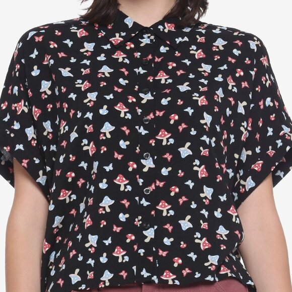 Hot Topic Mushroom Butterfly Girls Woven Button-Up SZ S/M - Picture 1 of 5